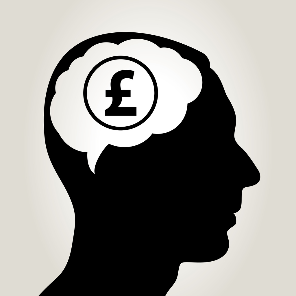 Silhouette of man's head with brain highlighted in white and a pound symbol within it