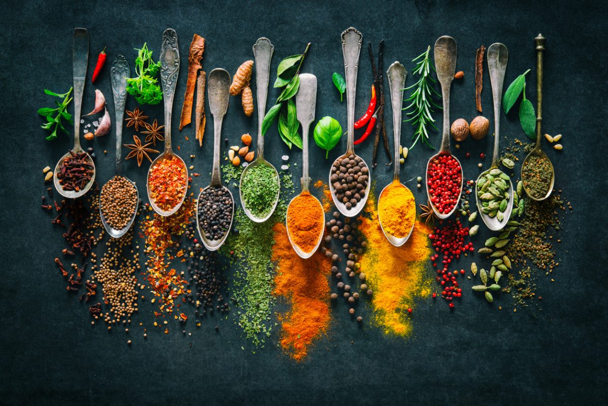 Colourful spices in an array of spoons