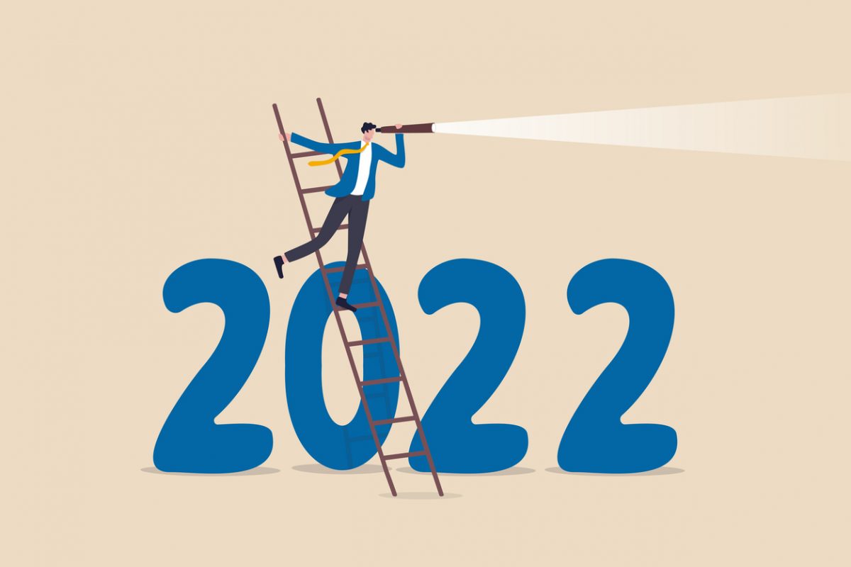 Graphic of person on ladder with telescope looking over at 2022