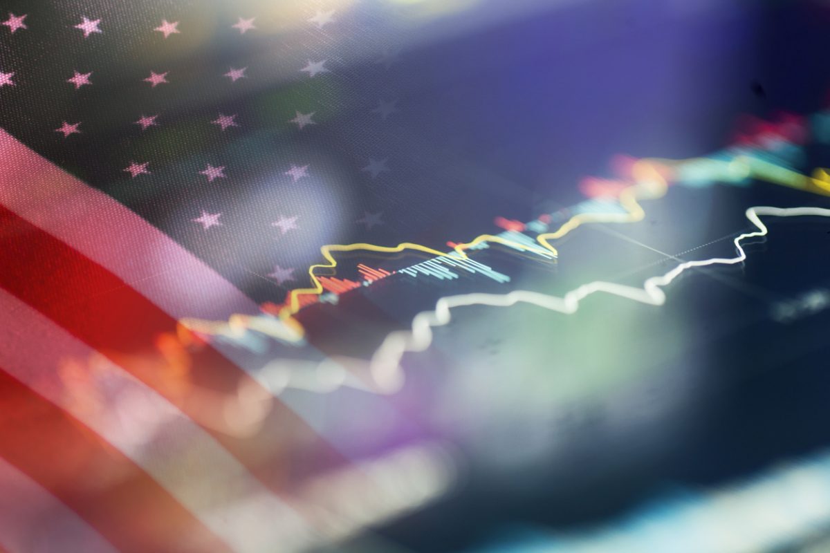 Graphic of American flag overlaid with stock trends