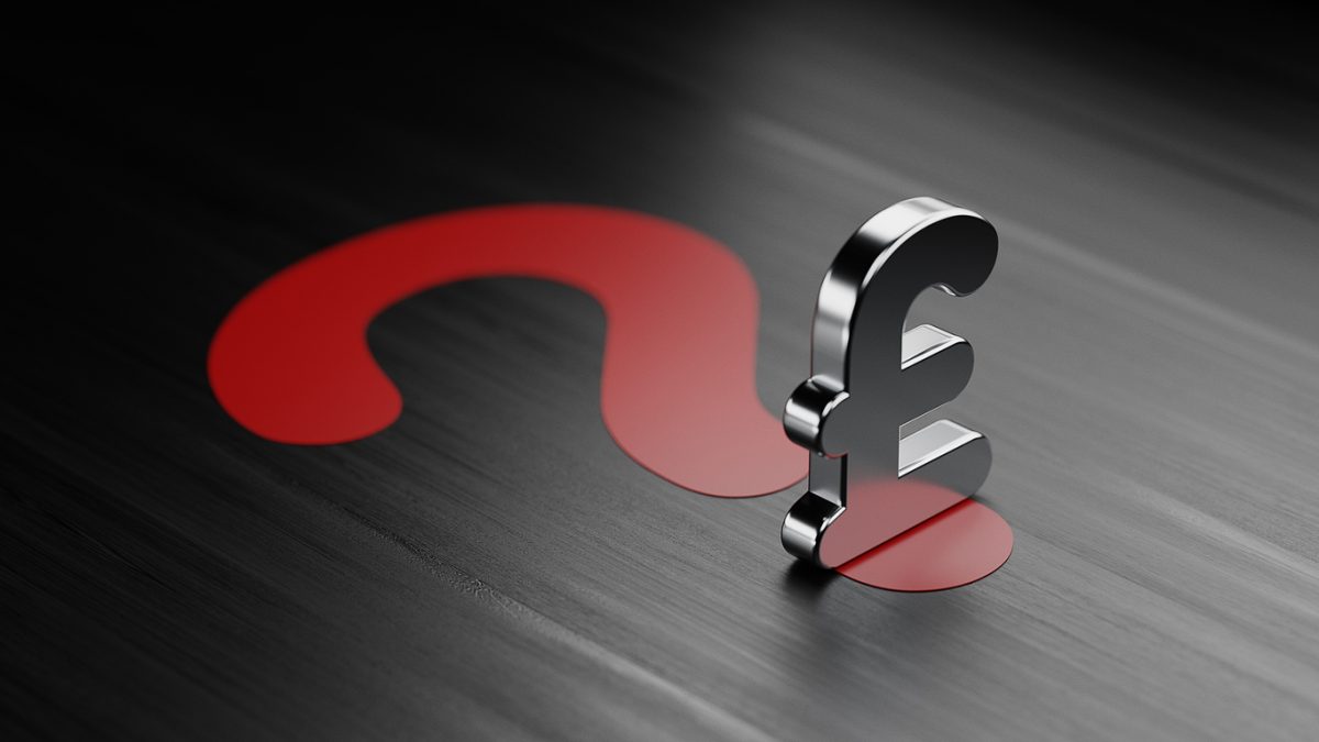 Metallic pound sterling symbol against a black background with red question mark