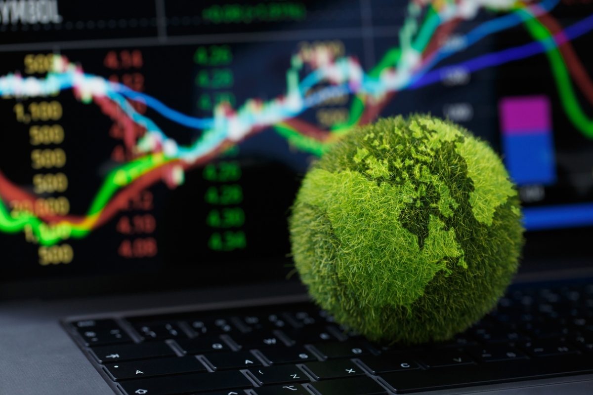 Graphic of a green globe against a market trend graph illustrating ethical investment