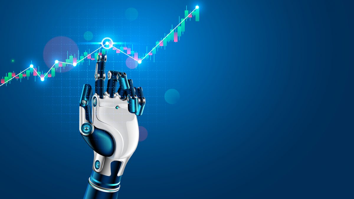 Robot hand touching graphic of trade data