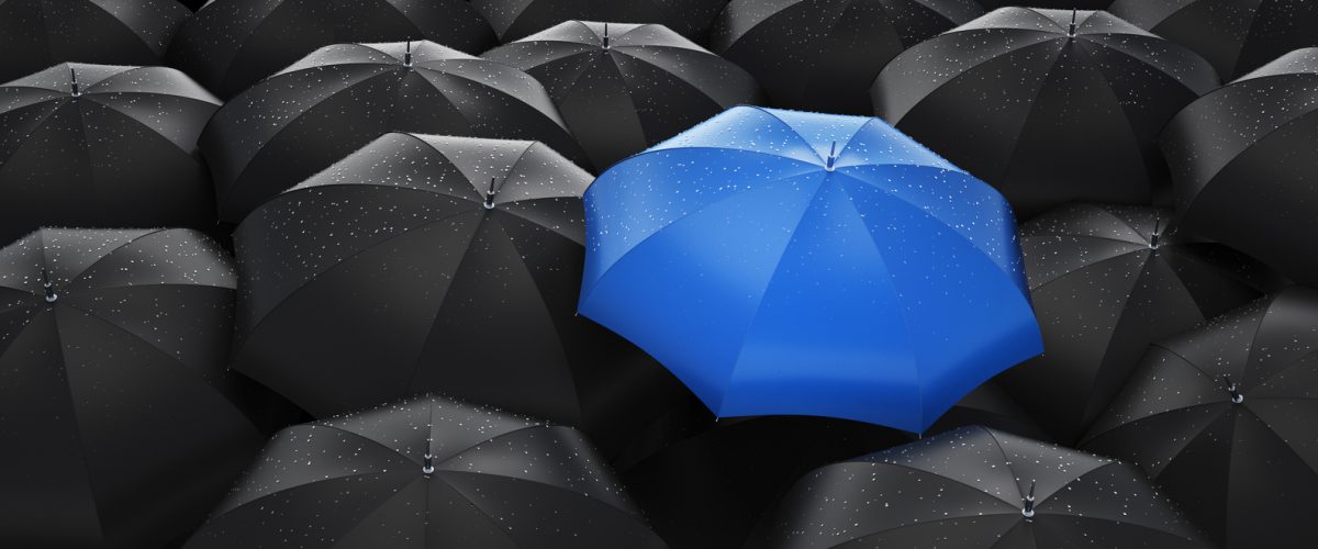 Crowd of black Umbrellas with one unique blue outstanding umbrella