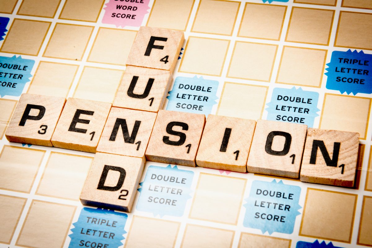 Board game like Scrabble spelling out two words 'Pension' and 'Fund'