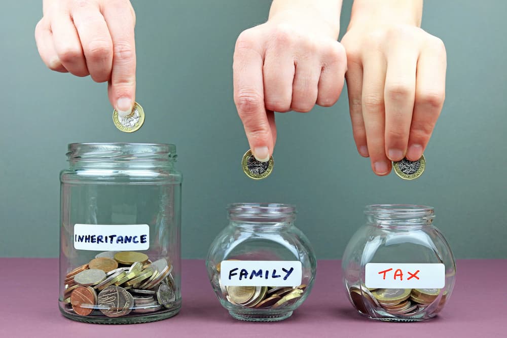 Three pots in a row filled with money, one labelled 'Inheritance', one labelled 'Family' and one labelled 'Tax'