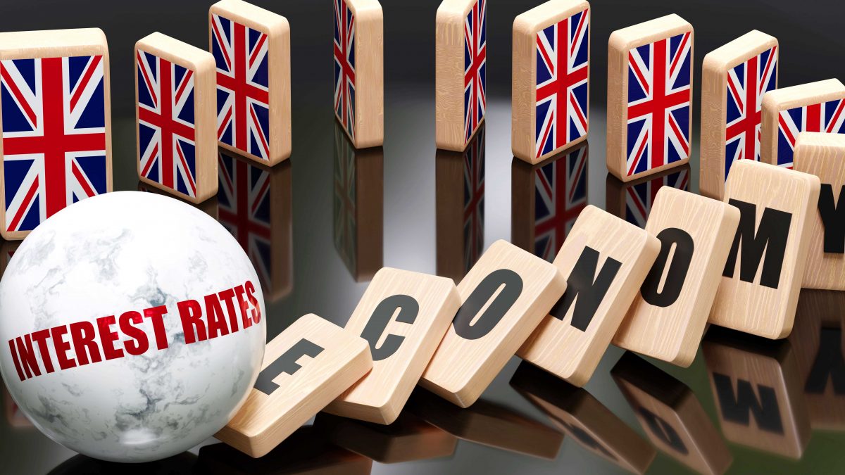 A graphic of dominoes with the Union Jack on them standing still, alongside dominoes spelling out 'economy' falling over, and a spherical object labelled 'Interest rates'